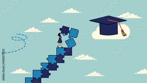 high education, success step to achieve higher education, cost to graduate high degree education, the way to achieve high education, people making ladder from puzzle going to graduation cap
