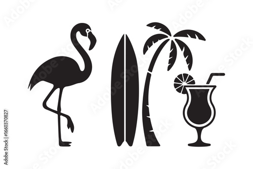 Tropical summer beach vibes flamingo surfboard palm tree cocktail drink icon set