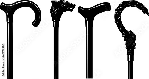 Illustration of four black walking canes with different handle styles on a white background display