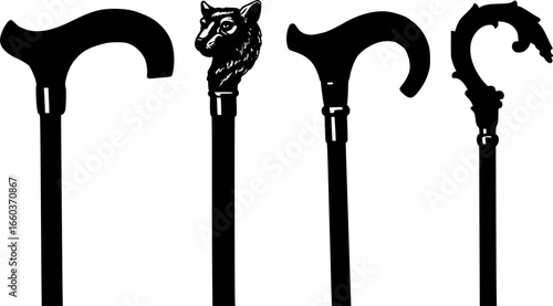 Illustration of four black walking canes with different handle styles on a white background display