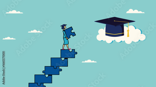 high education, success step to achieve higher education, cost to graduate high degree education, the way to achieve high education, people making ladder from puzzle going to graduation cap
