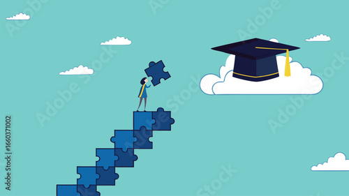 high education, success step to achieve higher education, cost to graduate high degree education, the way to achieve high education, people making ladder from puzzle going to graduation cap
