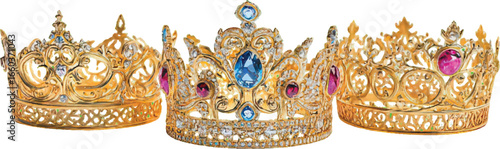 Three golden crowns with blue and pink gemstones on a white background tiara ornate