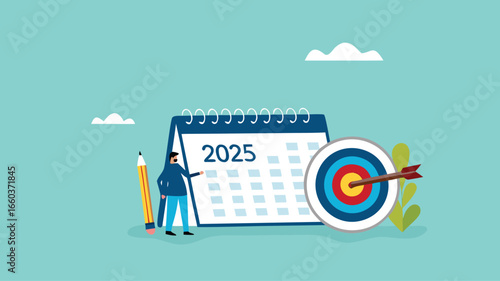 2025 new business target, new year resolutions success plan or career achievement concept vector illustration, businessman carrying pencil with calendar and target board illustration

