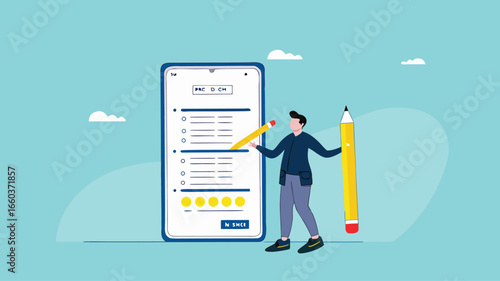 Online survey questionnaire, comments or criticism and suggestions, answer questions online, customer feedback list for evaluation, man with pencil finish online survey questionnaire on smartphone
