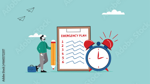 business emergency plan or strategy illustration, emergency action plan, emergency action plan when business disaster occurs, business stand with a list of emergency plans with an alarm clock beeping
