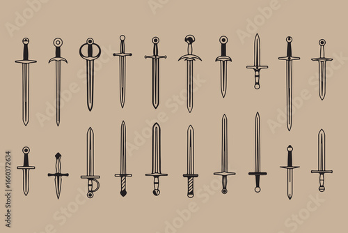 Collection of antique swords and medieval weaponry displayed against a neutral background