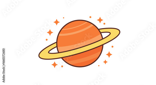 Whimsical Orange Planet with Rings and Sparkles Floating in Space A Celestial Body with a Distinctive Outer Band Decorated with Many Star-like Shimmering Objects A Cosmic Object of Beauty and Wonder