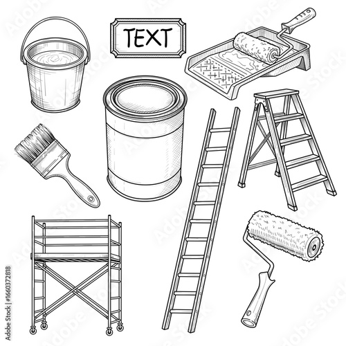 Hand Drawn Painting Tools and Renovation Equipment Vector Set