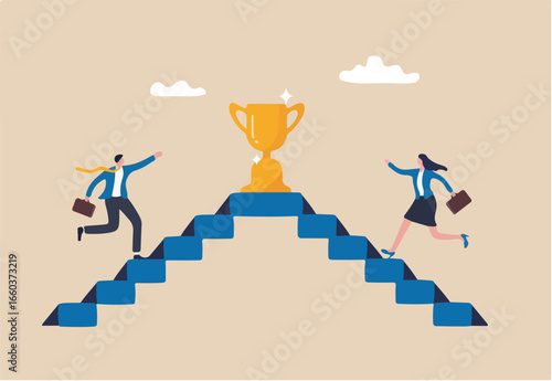 Business competition, employee motivation to success, rivalry or conflict, contest or challenge to achieve target, effort concept, businessman and businesswoman walk up stair compete to win trophy.