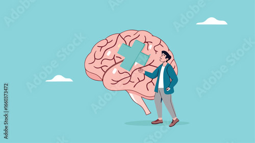 businessman treats Human Brain With Adhesive Plaster, businessman placing bandage on injury, healing or relaxation of the mind
