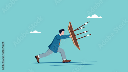 protection from threats, protects from Cyber ​​Threats to Businesses growth, protective shield company data security from cyber attacks, businessman uses a protective shield to ward off arrow attacks
