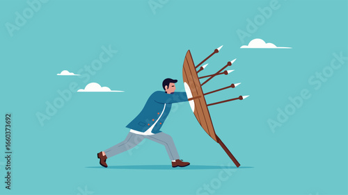 protection from threats, protects from Cyber ​​Threats to Businesses growth, protective shield company data security from cyber attacks, businessman uses a protective shield to ward off arrow attacks
