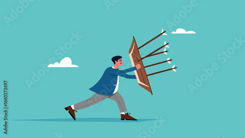 protection from threats, protects from Cyber ​​Threats to Businesses growth, protective shield company data security from cyber attacks, businessman uses a protective shield to ward off arrow attacks
