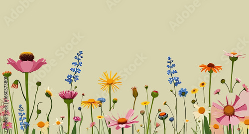 Butterflies flutter among a vibrant floral background of spring and summer flowers, leaves, and green grass