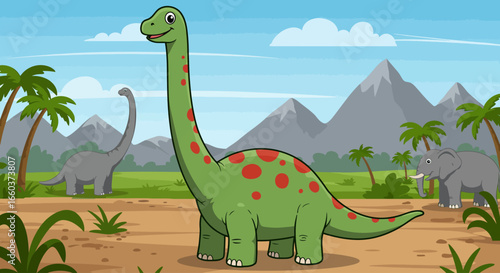 A Vibrant Prehistoric Landscape Featuring a Friendly Green Brachiosaurus Dinosaur Standing Proudly with Other Dinosaurs and Elephants in the Background Under a Sunny Sky