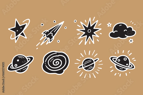 Hand drawn space elements featuring planets stars rocket and nebula