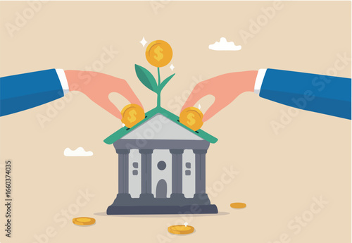 Mutual funds investment, 401K, pension or savings growth, increase wealth, dividends or capital gain profit, interest rate return concept, businessman hand put coin into bank growing money plant. 