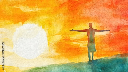 Person silhouette sunset watercolor painting