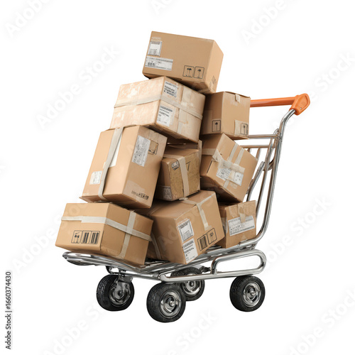 Shopping cart overflowing with delivery boxes, isolated on black background