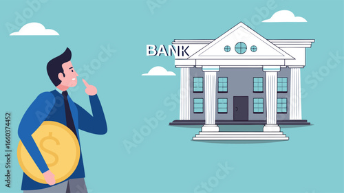 deposit money in a bank vector illustration, object financial investment, cash deposit to the bank, profit in crease concept, businessman bring golden coin into bank building concept illustration
