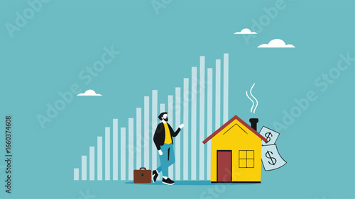 house investment, real estate price growth or mortgage calculation chart, buy or rent house decision, Housing price rising up, smart businessman property expertise presenting house pricing graph

