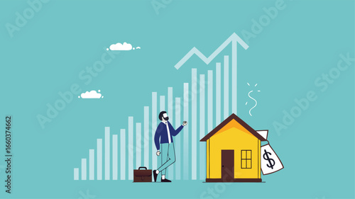 house investment, real estate price growth or mortgage calculation chart, buy or rent house decision, Housing price rising up, smart businessman property expertise presenting house pricing graph
