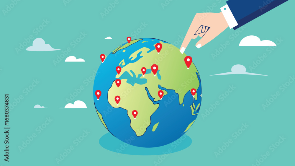 Naklejka premium Businessman hand put new branch pin on world map across globe.Global business expansion, open company branches, franchise in new location to cover all continent. growing business worldwide concept 
