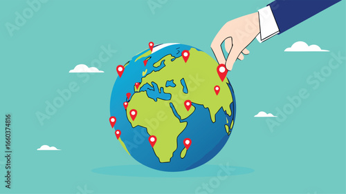 Businessman hand put new branch pin on world map across globe.Global business expansion, open company branches, franchise in new location to cover all continent. growing business worldwide concept
