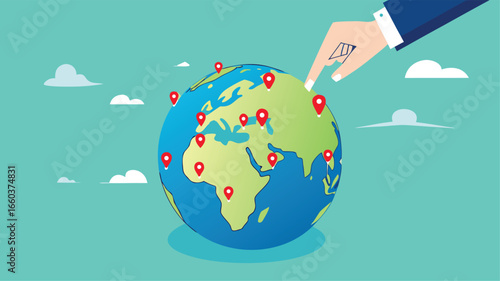 Businessman hand put new branch pin on world map across globe.Global business expansion, open company branches, franchise in new location to cover all continent. growing business worldwide concept

