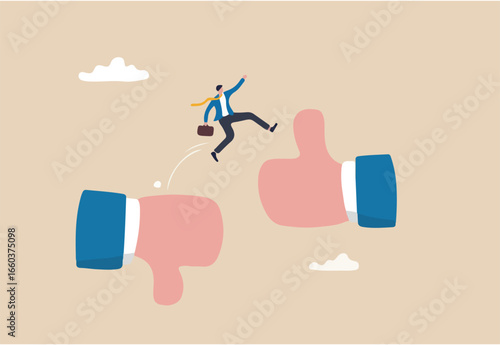 Change or transform to better opportunity, improvement or courage, determination to progress or career growth, aspiration or challenge concept, courage businessman jumping from thumb down to thumb up.