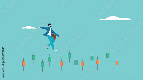 navigating stock market volatility, Financial investment volatility, identify stock market or cryptocurrency market risks, businessman investor walks carefully past investment bar chart
