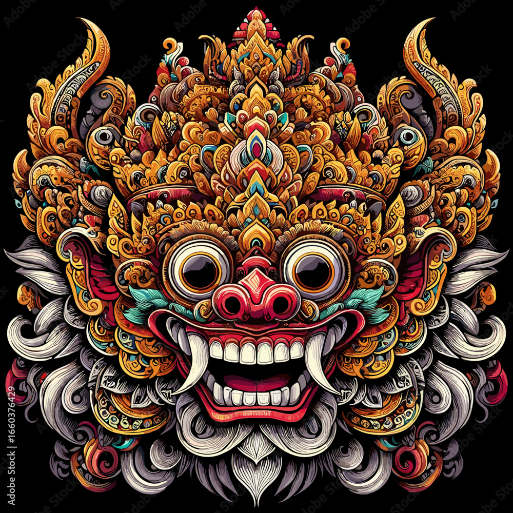 Naklejka premium Intricate Balinese mask art, vibrant cultural symbol