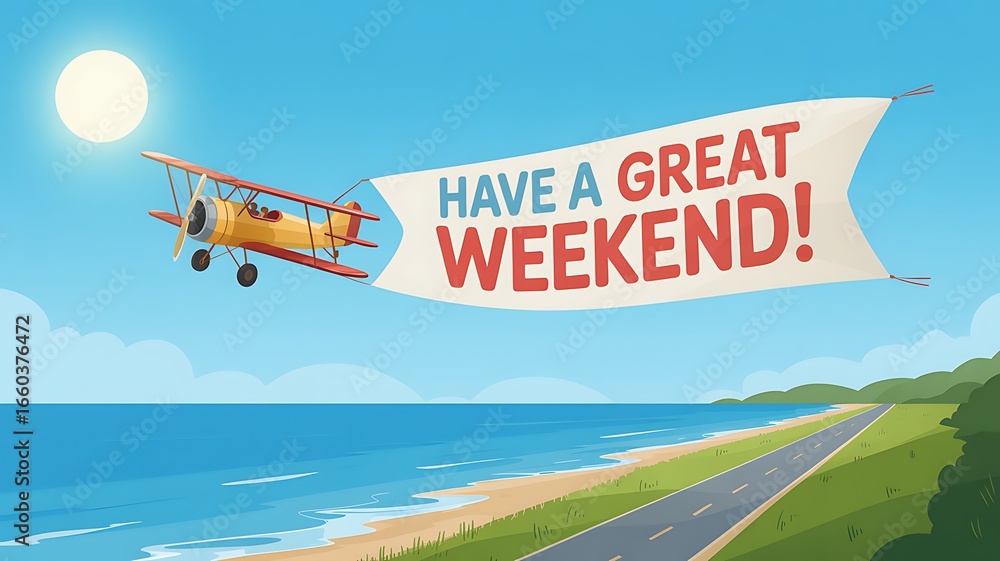 Fototapeta premium Vintage Biplane Flying over Coastal Road with Have a Great Weekend Banner