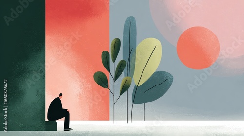 Minimalist Abstract Scene Illustrating Job Loss and Emotional Support in Soft Colors