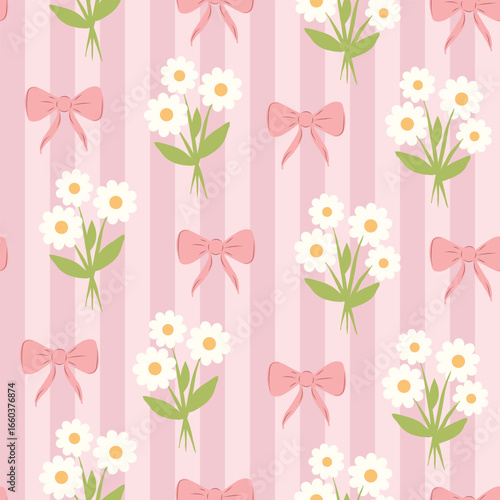 White Daisies and Pink Bows Seamless Pattern on a Pink Striped Background. for Prints, Wrapping Paper, Wallpaper, Textiles, Stationery, and Fabric.
