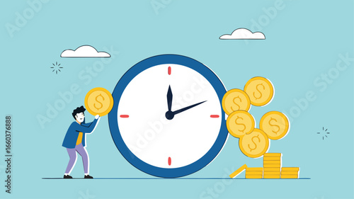 ROI, return on investment or long term investment success, increase in dividends or returns from the costs that have been invested, businessman invests money into big watch to get return profit
