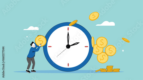 ROI, return on investment or long term investment success, increase in dividends or returns from the costs that have been invested, businessman invests money into big watch to get return profit
