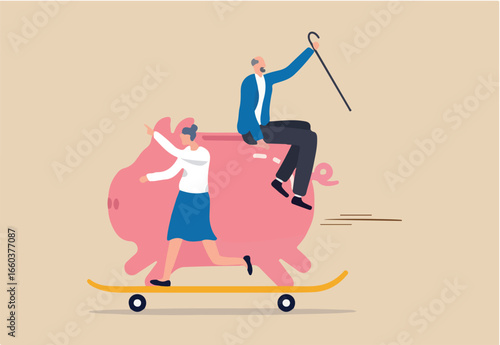 Retirement planning, success investment in 401K, Roth IRA or retirement pension fund concept, happy elderly couple senior man riding huge piggy bank with his wife on fast growth skate board. 