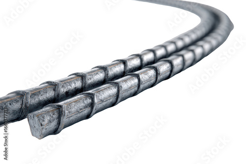Two textured steel reinforcing bars curving against a black background