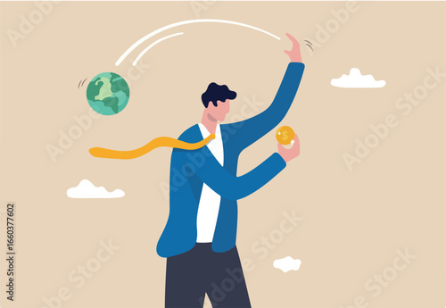 Irresponsible business destroy the world, climate change or global warming causing by big company, greedy businessman company owner happy holding precious money coin while throw away planet earth.