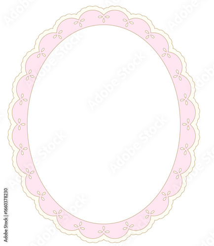 Oval scallop frame in coquette style isolated. Cute round vintage lace border.	