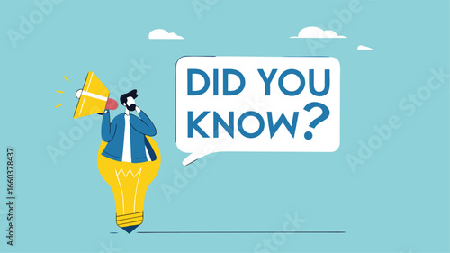 did you know? concept illustration, expert information, explanation or solution, businessman riding a light bulb idea balloon and using a megaphone with a speech bubble that says did you know?
