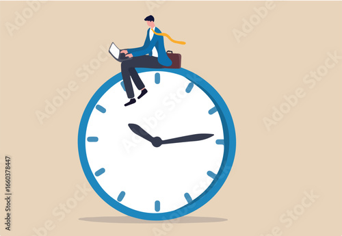 After hours worker, working late overtime or career that work in different time concept, confident businessman using computer laptop sitting on clock working at night with colleague in other country.