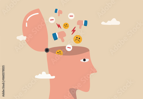 Negative thinking bad attitude cause of failure or fear, depression and sadness, emotional or mental problem, stress anxiety concept, human open head with negative symbol, thumb down, anger and chaos.
