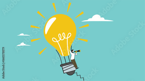 looking for business opportunities with knowledge, creative idea to see business opportunity, businesswoman riding a light bulb-shaped hot air balloon to observe business opportunities
