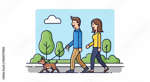 Couple Walking Dog in Park, Line Art Illustration.