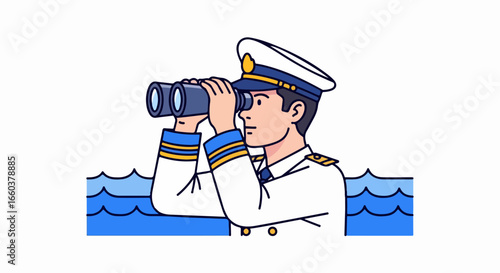 Cartoon Sailor in White Uniform Looking Through Binoculars.
