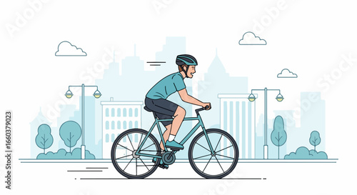 A male cyclist in a blue shirt and helmet rides his bicycle, depicted in a clean line art illustration style.