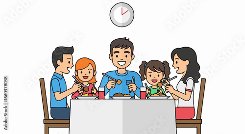 Family Meal - Cartoon depiction of a family of five eating together at a table.